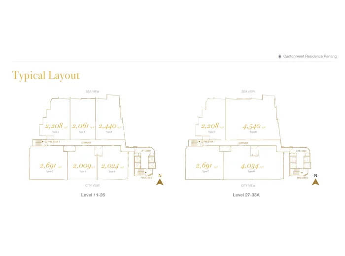 Typical-floor plan showing four to six residences arranged around the core